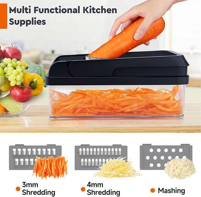 MealHelper 12-in-1 Vegetable Chopper, Food Veggie Chopper With Container | Kitchen Prep Tool, Cheese Grater, Home Essentials & Kitchen Gadgets, with Sharp Stainless Steel Blades(7 Blades, Gray)