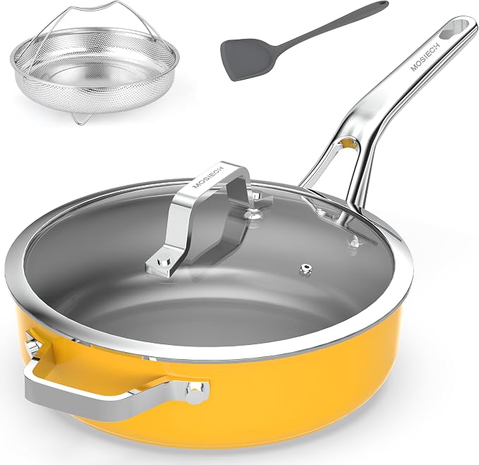 10-in-1 Yellow Ceramic Nonstick Deep Saute Pan Set With Steamer & Lid, 4QT | 10".PFAS-free frying pan.non-toxic. Induction ready. Oven safe to 480°F. Cool-touch handle. Dishwasher safe. Perfect for RVs!