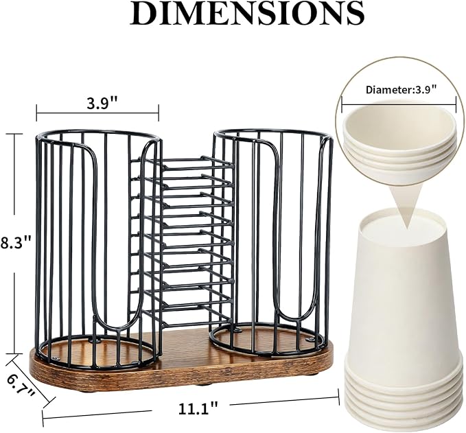 Coffee Cup Holder, 3-in-1 Disposable Cup, Straw & Lid Organizer | Paper Cup Dispenser Rack with Wooden Base, Dispenser Storage for Countertop Coffee Bar Office Kitchen, Zero Assembly