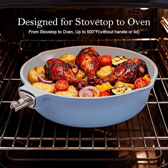 AIKENBBKK 10 Inch Non Stick Ceramic Frying Pans with Lid, 4 QT Nonstick Deep Frying Pan Skillet, Saute Pan with Detachable Handle, Compatible with All Stoves, Oven Safe, PTFE & PFAS-Free, Blue