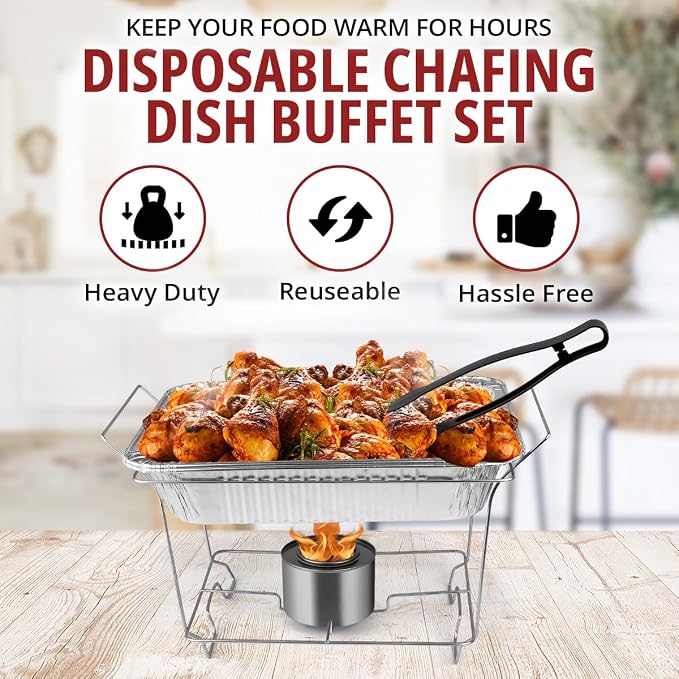 Disposable Chafing Dish Buffet Set, 39 Piece of Chafing Servers with Food Warmers, Covers, Half-Size Food Pans, Water Trays, Serving Utensils, Foil Lids and 2.5H Fuel Cans for Parties, Catering