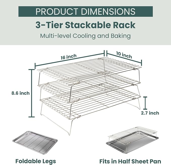 Durable 3 Tiers Stackable, 16" x 10" Cooling Rack for Baking | Professional Grade, Premium 100% Stainless Steel, Baking Rack & Wire Cooling Mesh, Dishwasher Safe, Oven Safe