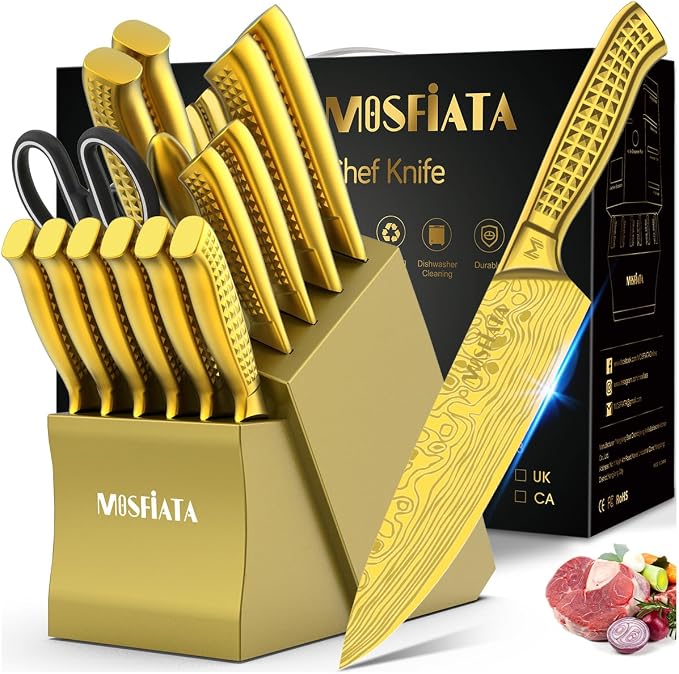 MOSFiATA Kitchen Knife Set, 17 Pcs Japanese Stainless Steel Knife Sets for Kitchen with Block with Knife Sharpening Rod, Dishwasher Safe, Gift Set,Titanium Plated Knife Block Set