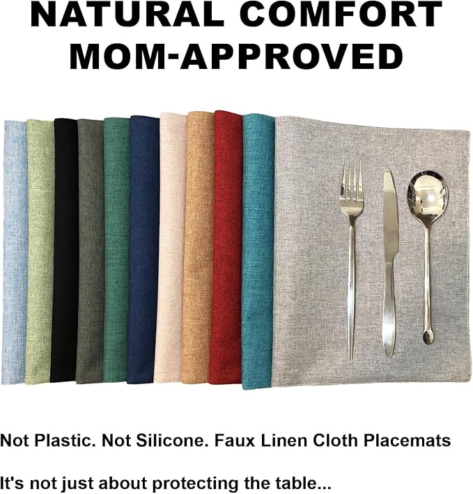 Cloth Placemats Set of 4, Cotton Linen Blend Place Mats, Black | Machine Washable, Double Layered, Heat Resistant, Fabric Dining Table Mats for Kitchen, Indoor & Outdoor, 13" x 19"
