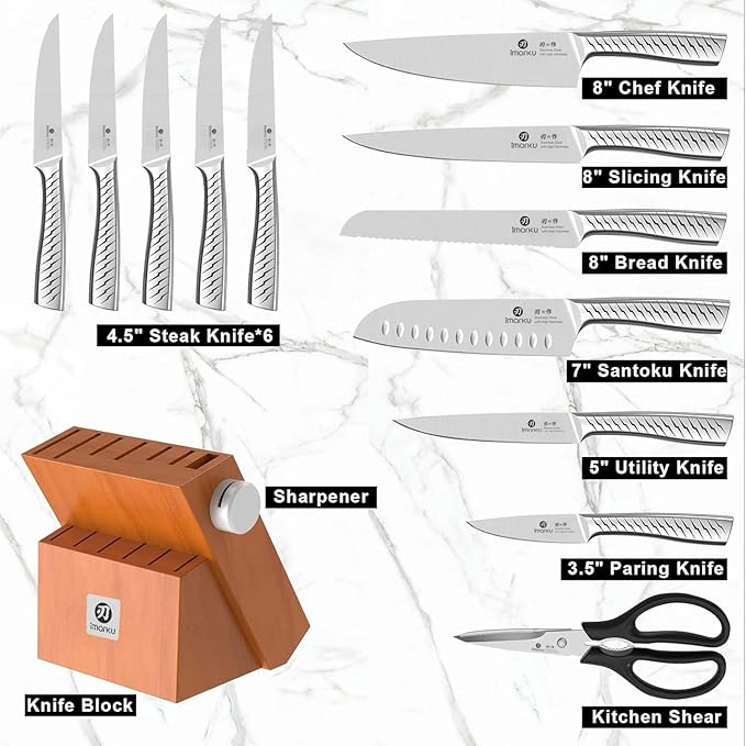 imarku® Knife Set, 14PCS Knife Sets for kitchen with block, One-Piece Kitchen Knife Sets with Built-in Sharpener, Stainless Steel Chef Knife Set with Lightning Stripes Handle, Dishwasher Safe(Wood)