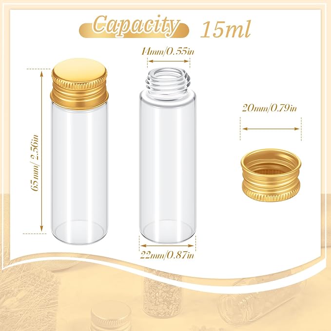 Didaey 200 Pcs Small Clear Vials Spice Mini Jars with Lids Mini Glass Bottles with Screw Aluminum Metal Caps Tiny Jars Sample Containers for Powder Cream Cosmetic Jewelry Wedding (15 ml,Gold Caps)