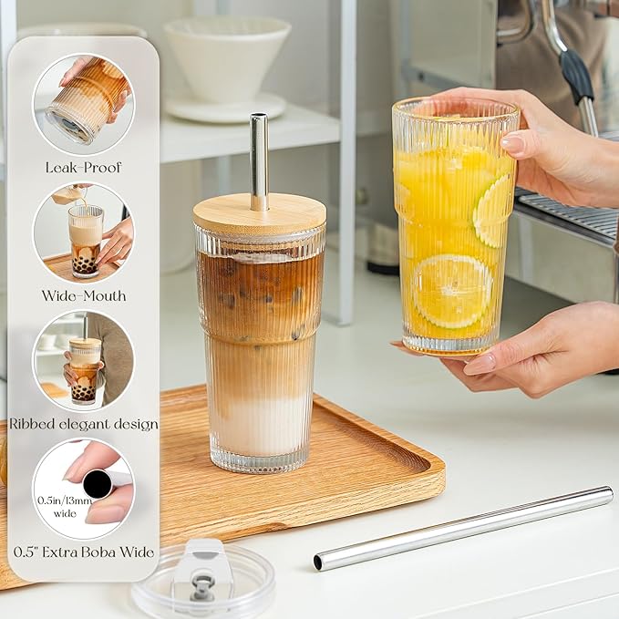 KEMORELA 20oz Ribbed Glass Tumblers with Bamboo Lids & Straws, Boba Cups | Stainless steel straws, bamboo & leak-proof dual lids. 13mm wide straw. Vintage. For boba, iced coffee, smoothies & travel.