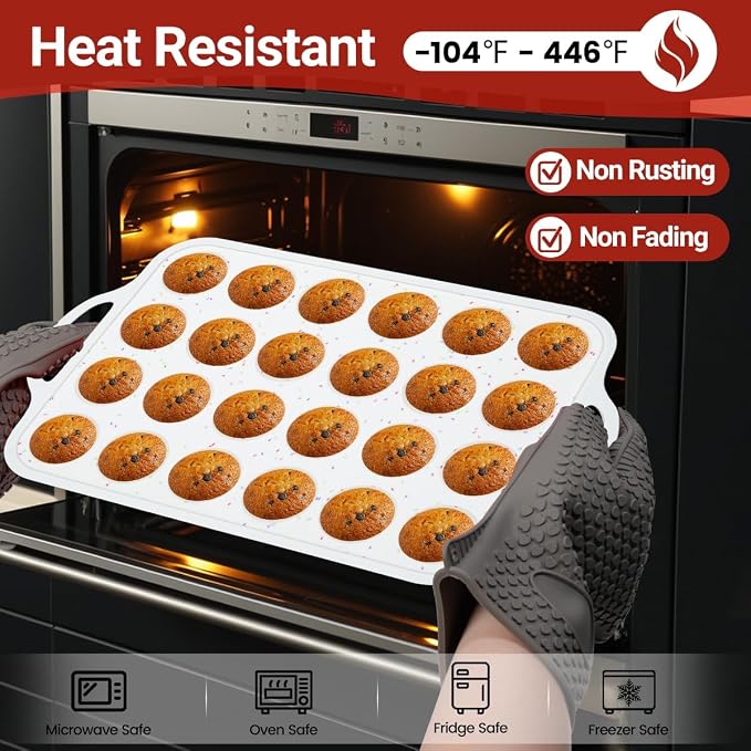 FUNBAKY Silicone Mini Muffin Pan with Metal Frame - Nonstick 24 Cups Mini Muffin Tin Handles, Oven Safe for Muffin, Cupcake, Egg Bites, Confetti
