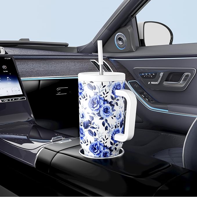 Meoky 40 oz Tumbler with Handle and Straw: Stainless Steel Insulated Tumbler with Lid and Straw - 100% Leak Proof Tumbler for Car Cup Holders - Travelers Commuters Workers, Blue Rose