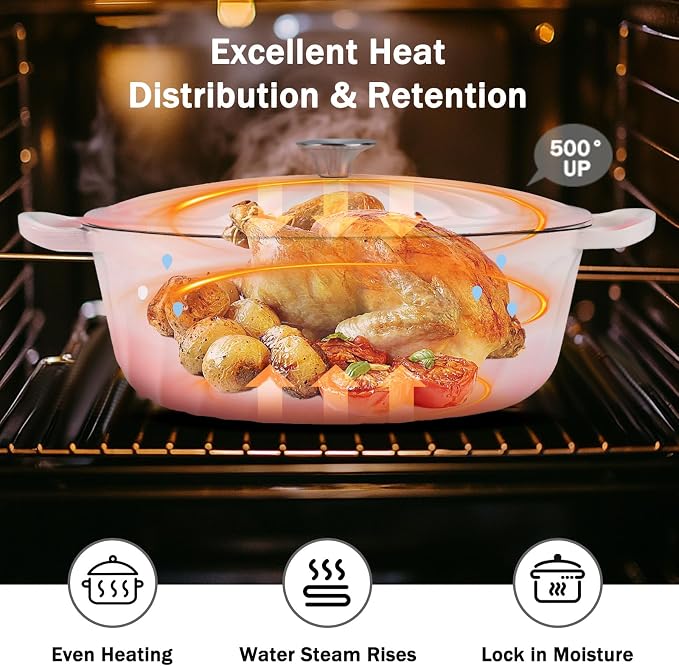 Enameled Dutch Oven Pot with Lid, 7 QT Cast Iron Dutch Oven with Dual Handles, Oval Dutch Oven for Cooking, Bread Baking, Frying, Non-stick Enamel Coated Oven (Gradient Pink)