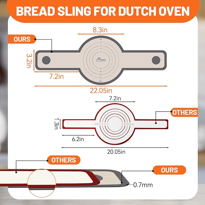 HOTEC 2 Pcs Silicone Bread Sling for Dutch Oven, 0.7MM Thickened Heat Resistant to 500°F Non-Stick Baking Mat with Long Handle Easy to Transfer Sourdough Bread, Dutch Oven Liners Baking Supplies