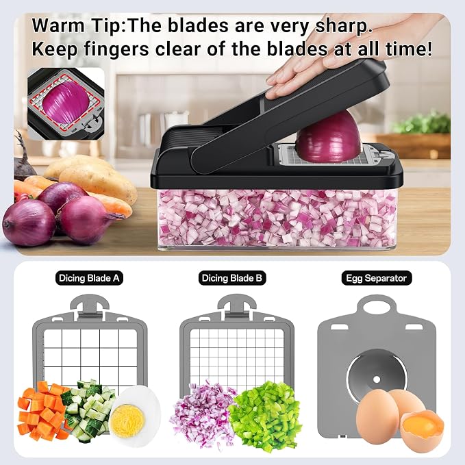 15-in-1 Vegetable Chopper with 10 Blades, Food Veggie Cutter, Gray | Includes Egg Separator, Food Container and Finger Guard, Non-slip Base, for Chopping, Slicing, Shredding, and Mincing