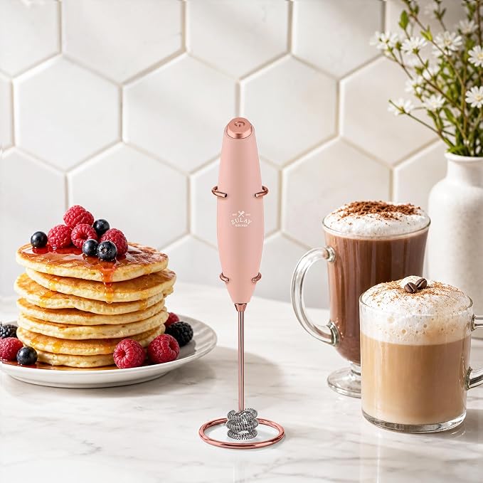 Zulay Kitchen Powerful Milk Frother Wand With Duracell Batteries - Ultra Fast Handheld Drink Mixer - Electric Whisk Foam Maker for Coffee, Lattes, Cappuccino & Matcha - Triple Whisk - Peach Radiance