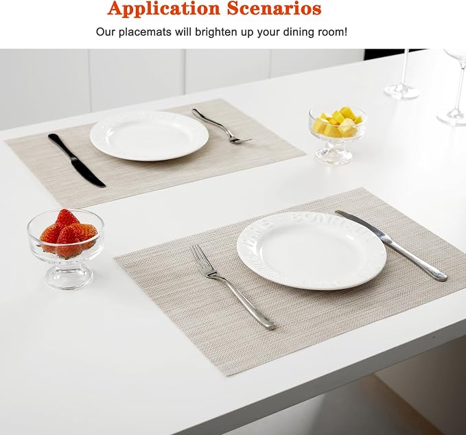 Beige White Vinyl Placemats Set of 12,Washable PVC Table Mats | Heat resistant, stain resistant non slip vinyl place mats, washable beige white table placemats for dining table