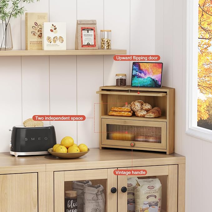 Goozii Corner Bread Box for Kitchen Countertop, Double Layer Bamboo Wood Breadbox for Homemade Bread, 2 Door Roll up Large Bread Storage Container Holder Cabinet for Counter top (Natural Color)