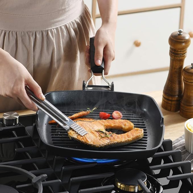 S·KITCHN Grill Pan with Folding Handle, Nonstick Grilling Pan for Stove Tops, Induction Compatible Square BBQ Pan with Pour Spouts - 11 in