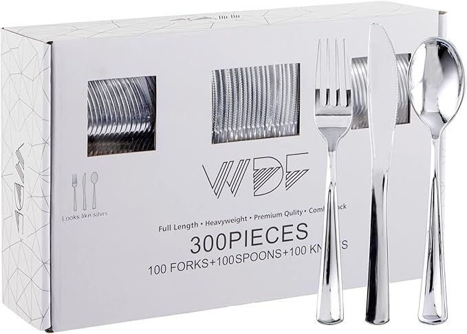 300 Pieces Silver Plastic Silverware - Plastic Silverware Heavy Duty - 100 Forks 100 Knives 100 Spoons - Disposable Silver Cutlery Perfect for Party/Wedding/Christmas