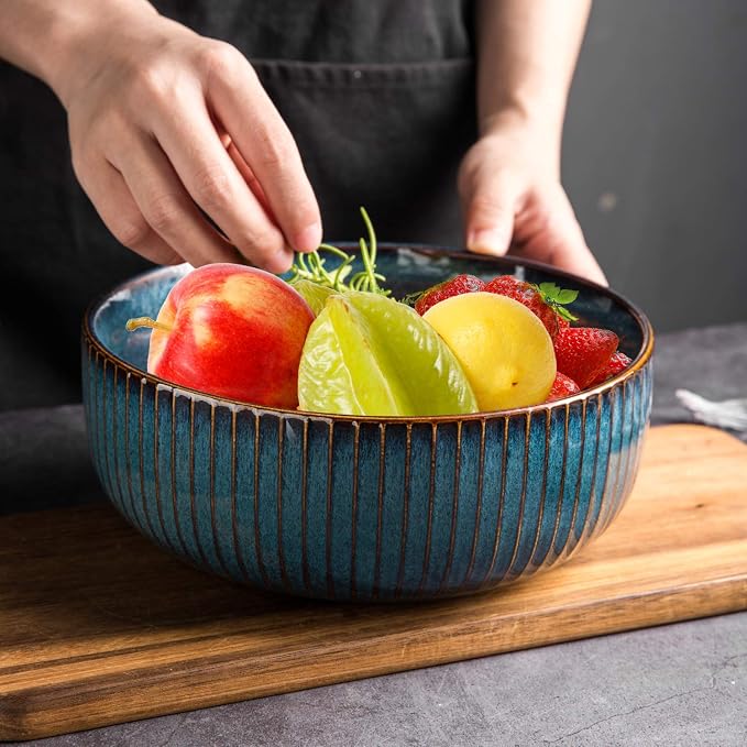 CSYY Salad Bowl 66 Oz, 8" Large Soup Bowls, Porcelain Round Serving Bowl Blue Decorative Bowl for Salad, Chip, Cereal, Fruits and Pasta (1pc)