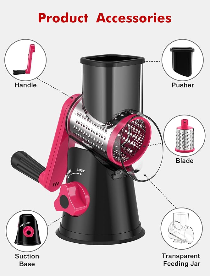 GDL Cheese Grater Hand Crank, Rotary Cheese shredder, Vegetable Slicer | 3 Stainless Steel Blades, 12x Fast Cutting, Non-slip Suction Base, No BPA, Dishwasher Safe, Easy Use for Cheese, Veggies, Nut