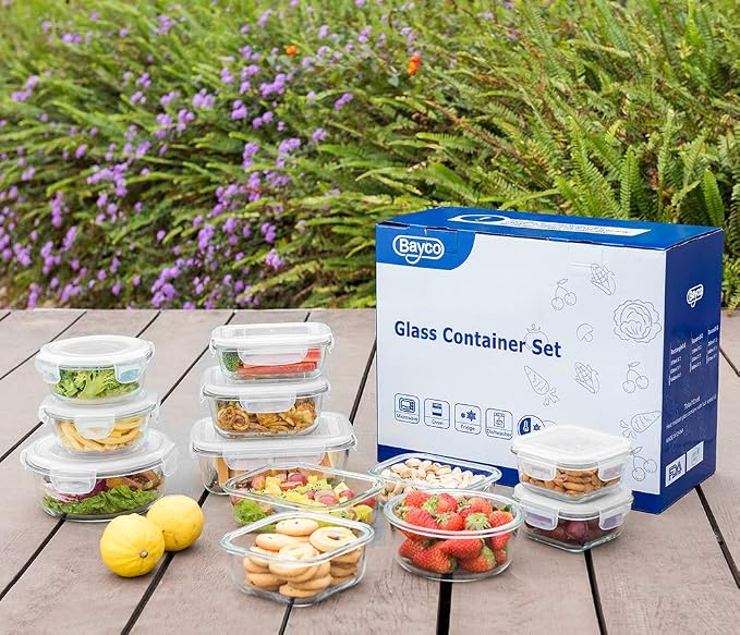 Bayco Glass Food Storage Containers, [24 Piece] Airtight Meal Prep Bento Boxes, Leak Proof (12 lids & 12 Containers) - White