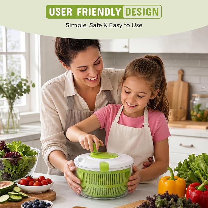 Salad Spinner, Lettuce Spinner with Drain, Vegetable and Fruit Washer, Salad Dryer for Washing, Spinning, and Drying Greens, Fruits and Vegetables, 5.3 Quarts Capacity
