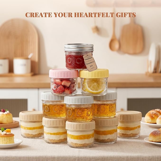 CycleMore 4oz Sunflower Glass Jars 12-Pack with 2 Types of Airtight Lids | Canning Jars With 12 Metal Split + 12 Colorful Plastic Lids. For Jams, Wedding Favors, DIY gifts. Dishwasher Safe BPA-Free