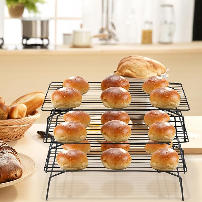 Leonyo Cooling Rack, 3 Tier Stainless Steel Stackable Cooling Racks for Baking, Cooking, Roasting, Grilling, Cool Batches of Cookie, Collapsible & Heavy Duty, Oven Safe & Easy Clean, 15" x 10", Black