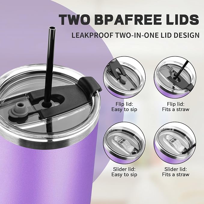 40 oz Tumbler with Lids and Straws, Stainless Steel Insulated Coffee Tumbler, Double Wall Vacuum Insulated Travel Mug Cup, Leakproof Thermal Coffee Cup for Hot and Cold Drinks (Purple)