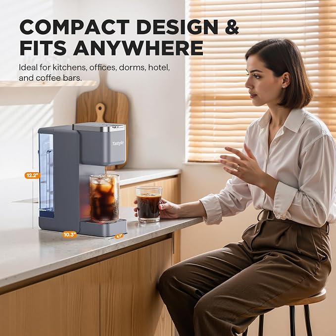 Tastyle Single Serve Coffee Maker for K Cups and Grounds with 3 Brew Styles | 40oz Removable Water Tank, 6 to 24oz Brew Size, Compact Design, Fits 7.3" Travel Mug, for Home, RVs and Office, K330IC, Gray