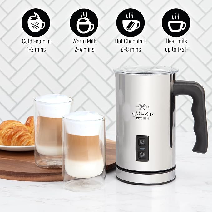 Zulay 4-in-1 Milk Frother & Steamer – Hot & Cold Foam Maker, Milk Warmer & Chocolate Stir – Automatic Temp Control, Nonstick Double-Wall Stainless Steel Jug, Auto Shut Off, 360° Base – Aero Silver