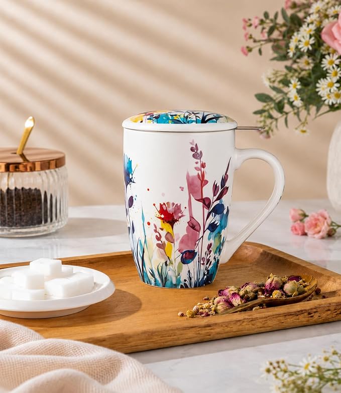 AmorArc Tea Cup With Infuser and Lid, 18oz Loose Leaf Tea Mug With Steeper | Porcelain Tea Mug With Infuser and Lid, Strainer Tea Cup for Tea Lovers, Home & Office, Housewarming Birthday Gift