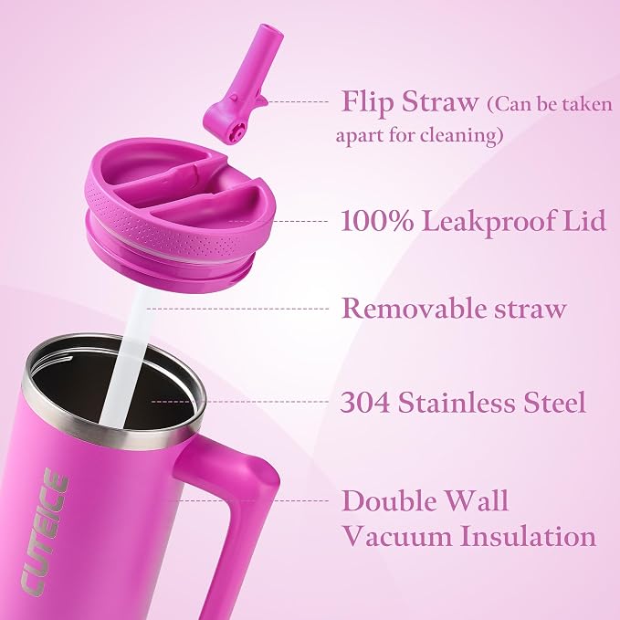 30 oz Water Bottle with Handle and Flip Straw, Coffee Travel Mug with Lids, Fits in Cup Holder Leak Resistant Tumbler Insulated Stainless Steel Gifts for Women Rose Purple Dark Blossom
