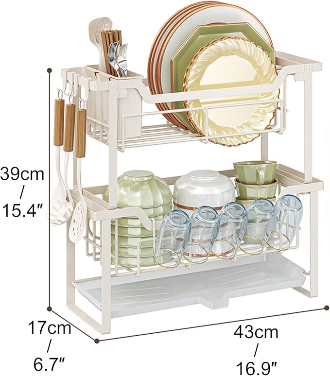 HABITLLO 2-Tier Dish Drying Rack with Drainboard, Large Capacity Dish Racks for Kitchen Counter Shelf with Utensil, Cups, Cutlery & Cutting Board (White)