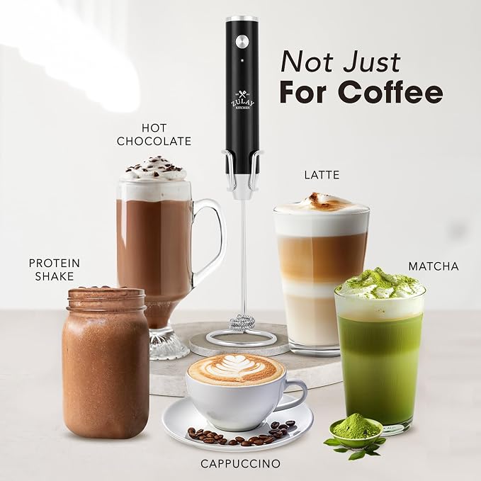 Zulay Kitchen Rechargeable Milk Frother Handheld - Frother Wand, Drink Mixer, Electric Whisk Frother, for Cappuccinos, Matcha & Protein Powder - Lux 4 Whisk 2 Speed Waterproof 2000mAh Alpha Black
