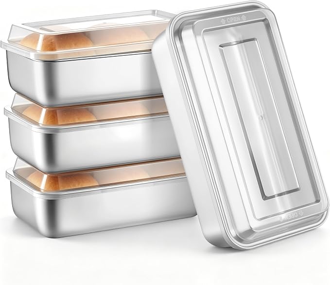 E-far Loaf Pan with Lids, Stainless Steel Bread Pans for Homemade Bread | 9 x 5 Inch Rectangle Baking Tins for Sourdough, Meatloaf, Banana Cake, Nontoxic & Dishwasher Safe - Set of 4