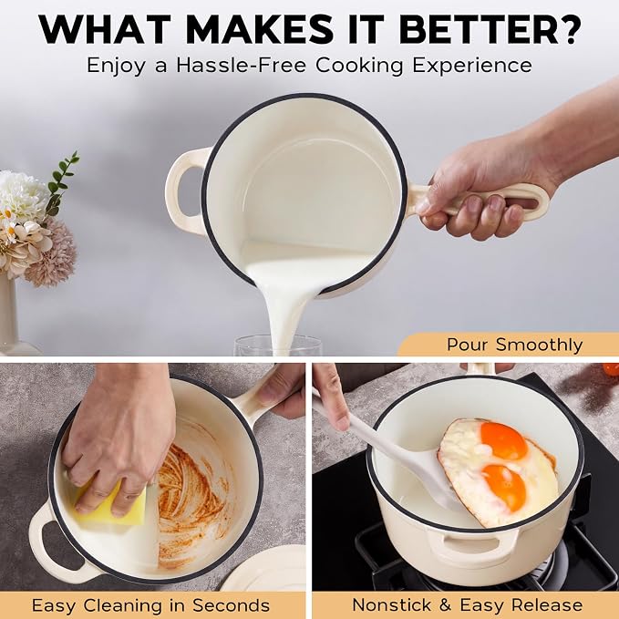 Onader 2QT Saucepan with Lid, Enameled Cast Iron Sauce Pan Pot, Small Dutch Oven Cooking Kitchen Pot, Nonstick & Heavy Duty – Cream White