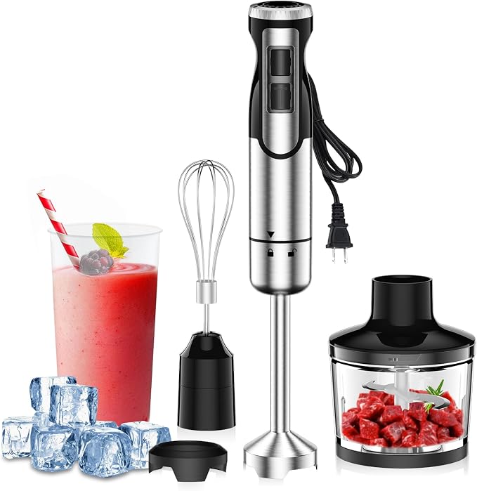 Colarlemo 1800W Immersion Blender Handheld 4-in-1 Hand Blender, Silver | Stick Blender for Ice Crushing Smoothie, Baby Food, 8 Speed & Turbo Boost, Stainless Steel Blade with Whisk, Chopper, Beaker