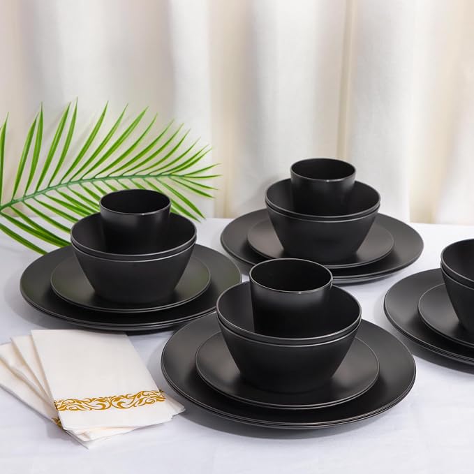32pc Reusable Black Wheat Straw Dinnerware Sets Black Dishes for 8 | Unbreakable dishes set includes plates, bowls, cups, and napkins. Lightweight, stackable, and dishwasher safe for outdoor use
