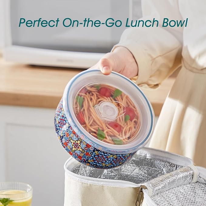 vancasso SIMI 36 oz Ceramic Bowls with Lids Set of 4,Bohemian Serving Bowl | 6 Inch Food Storage Containers Prep Bowls for Leftovers, Soup, Cereal, Meal Prep, Office Lunch, Microwave & Dishwasher Safe