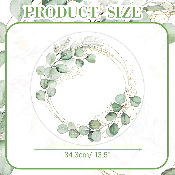 50PCS Eucalyptus & Gold Disposable Paper Placemats 13.5 Inch Summer Round Eucalyptus Leaves Table Mats for Wedding Anniversary Bride Party Supplies
