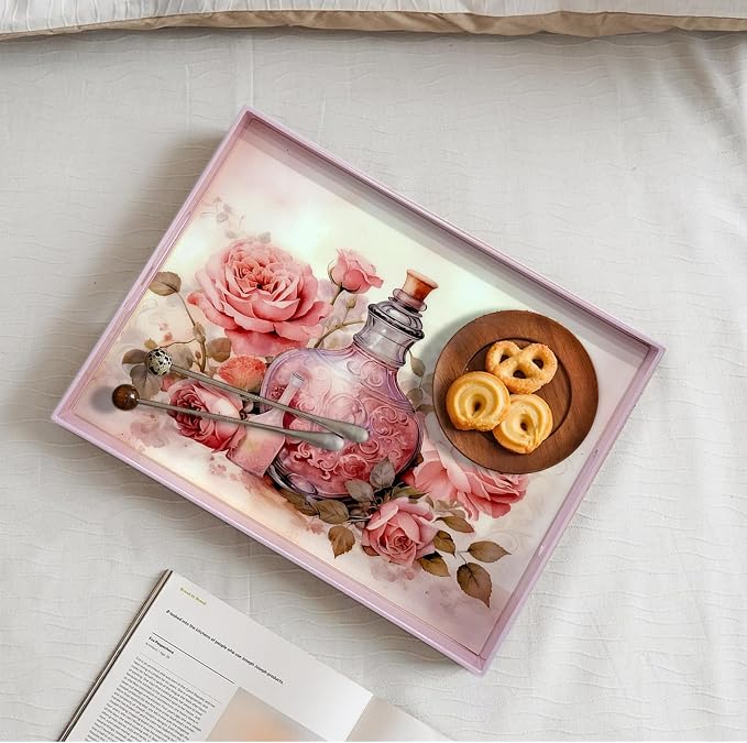 Serving Tray with Handles, 15.7 * 11.8 inches, Plastic Ottoman Tray with Exquisite Paintings, Trays for Coffee Table