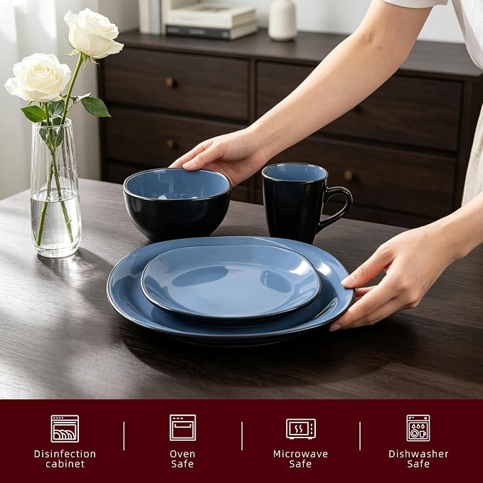 HomeVss, Stoneware Square 16pc Dinnerware Set, Inside Shiny Blue + Outside Matte Black
