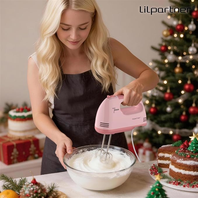 LILPARTNER Hand Mixer Electric, 7*Speed 5 * 304 Accessories, Light Pink