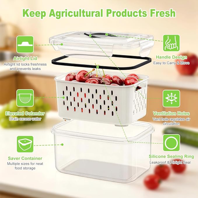 5 Pack Fridge Fruit Storage Containers with Colander, Vent and Handle | BPA Free Plastic, Airtight Stackable Refrigerator Organizer Bins for Berry, Meat, Vegetable