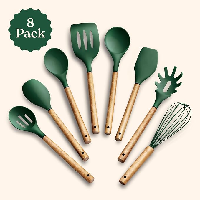 Country Kitchen Non Stick Silicone Utensil Set with Rounded Wood Handles for Cooking and Baking, 8 Piece Set, Green