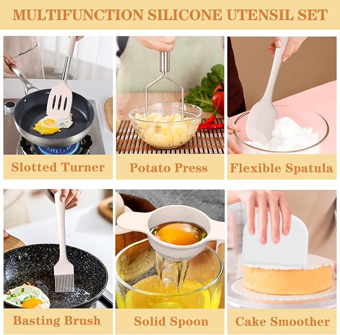 Silicone Cooking Utensil Set, Umite Chef 43 PCS Heat Resistant Kitchen Utensil Gadgets Set-Stainless Steel Handle- Kitchen Spatula Tools for Nonstick Cookware, Pots and Pans Accessories (Khaki)