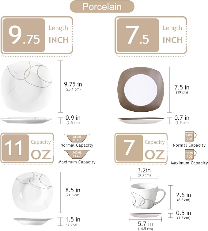 VEWEET 30 PCS Ceramic Dinnerware Sets for 6, White and Brown Dishes Set | Porcelain Dinner Set Including Dessert Plates, Soup Plates, Dinner Plates, Cups & Saucers, Microwave & Dishwasher Safe