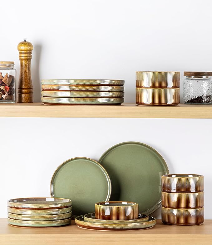 Ceramic Dinnerware Set for 4, 12-Piece Plates and Bowls Set | Lightweight Porcelain Dish Set, Scratch Resistant, Oven & Microwave & Dishwasher Safe, Sage Umber