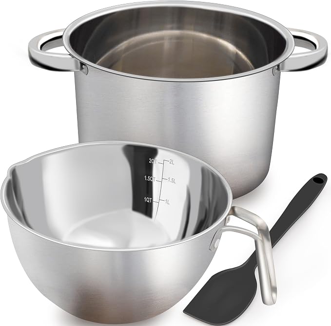 1.8QT Double Boiler Chocolate Melting Pot with 2.54QT Stainless Steel Pot | 304 food-grade steel, rust-proof. Melt chocolate, butter, candy, wax, soap. Stovetop safe, Dishwasher safe