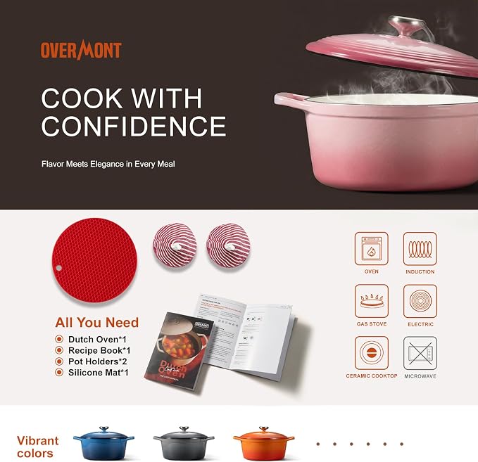 Overmont Enameled Cast Iron Dutch Oven - 5.5QT Pot with Wide Handles Lid Cookbook & Cotton Potholders - Heavy-Duty Pre-Seasoned Cookware Oven Safe to 500°F for Braising, Stews, Roasting, Sourdough Baking
